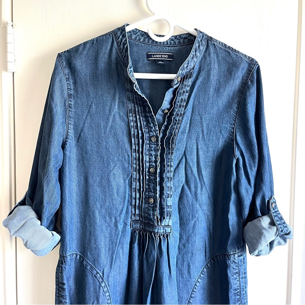 Lands End Shirt Dress Womens 12 Blue Chambray Pintuck Roll Tab Sleeve Pockets - Picture 4 of 12